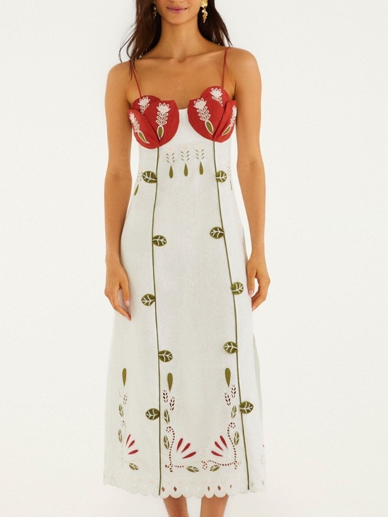 FARM Rio Dresses & Skirts - Embroidered Midi Dress with Red Bodice and White Skirt